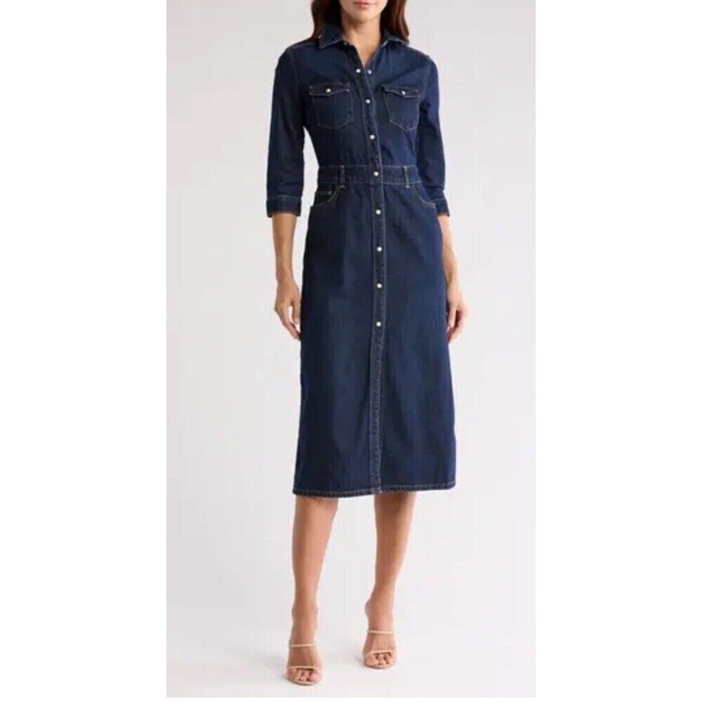 AllSaints Polly Denim Midi Dress Size 2 Pearl Snap Button Boho Western Cowgirl